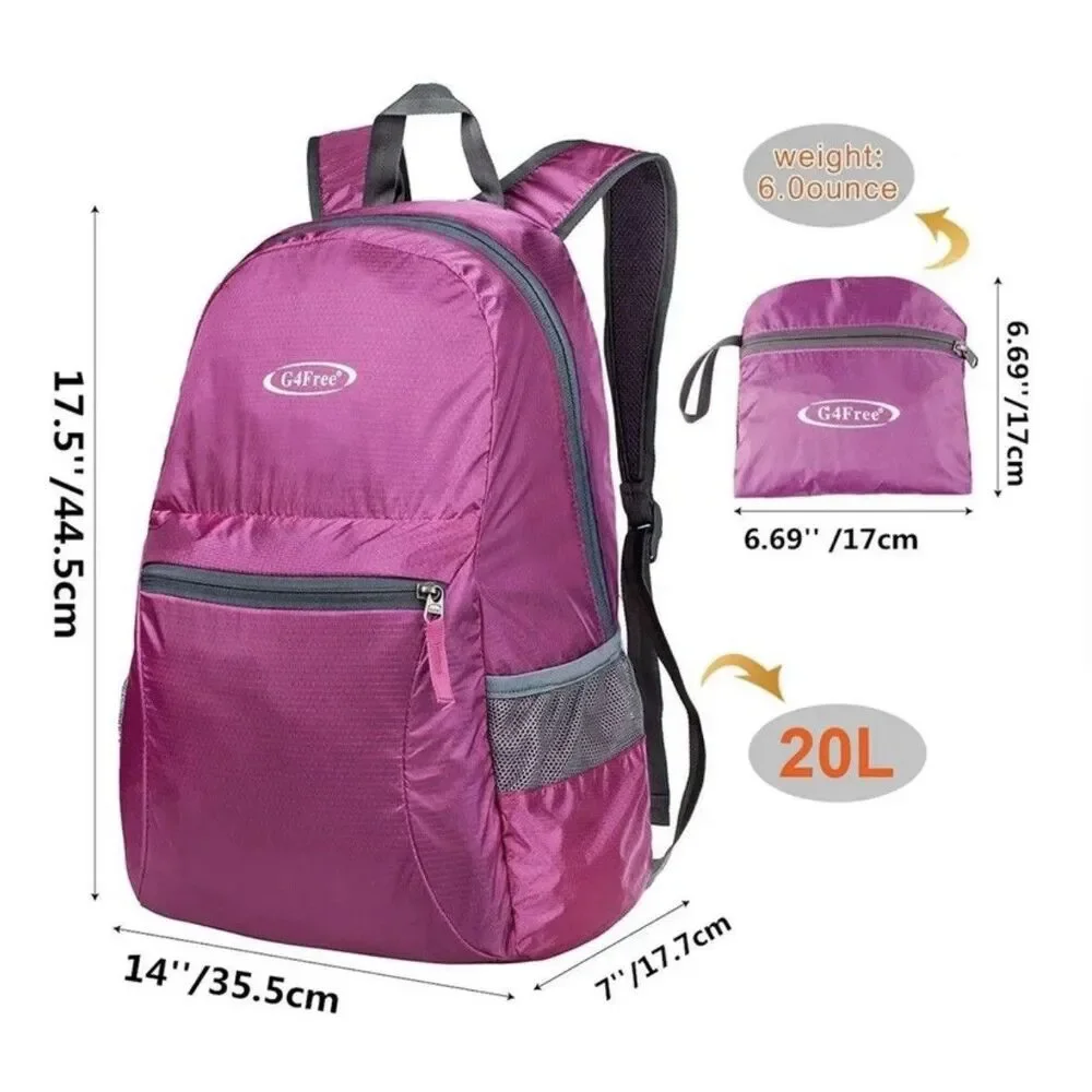 G4FREE Ultra Lightweight Foldable 20L Dark Pink Water Resistant Backpack (B× 4)
